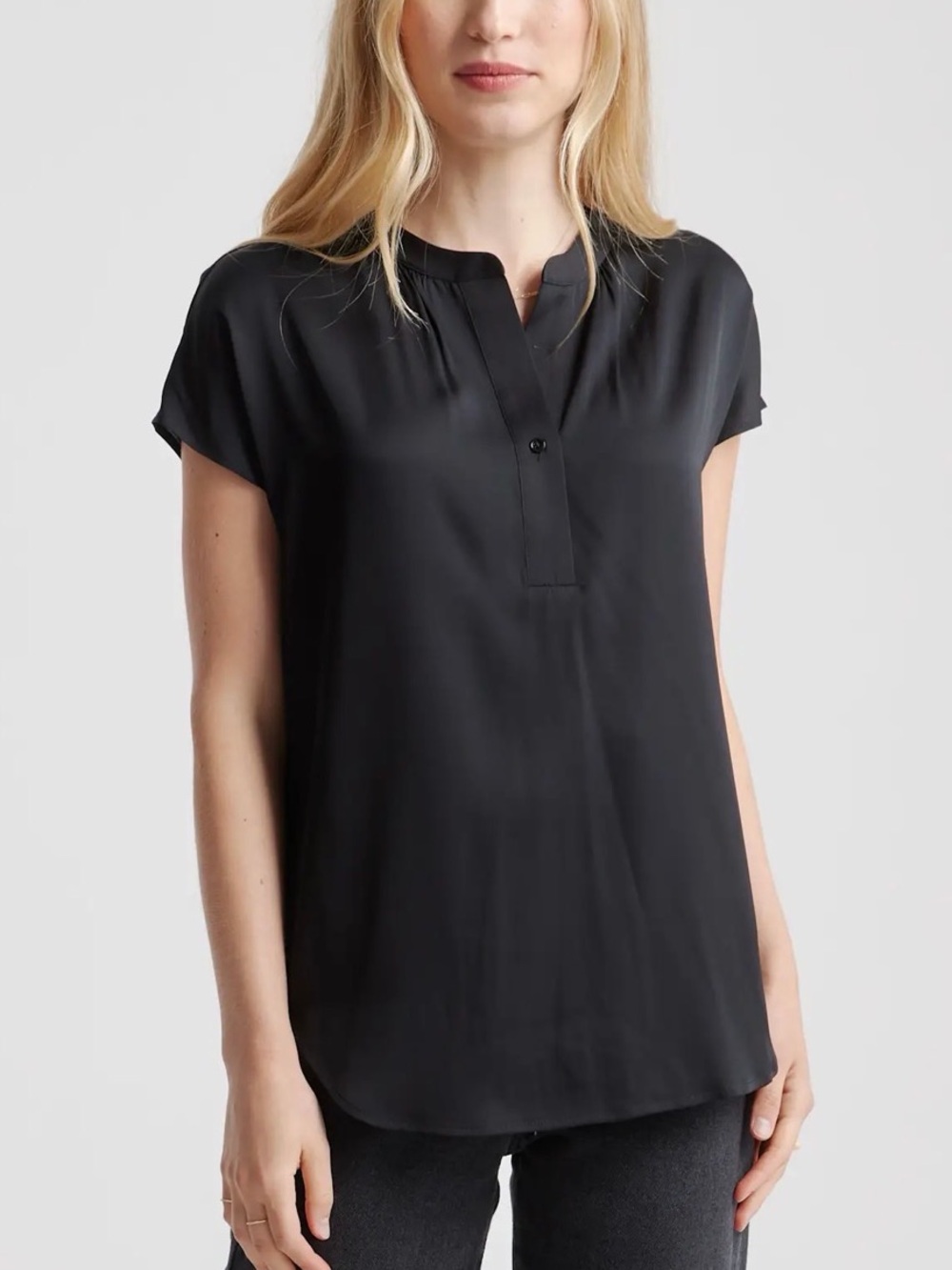 Quince Washable Stretch Silk Short Sleeve Notch Collar Blouse Black Small